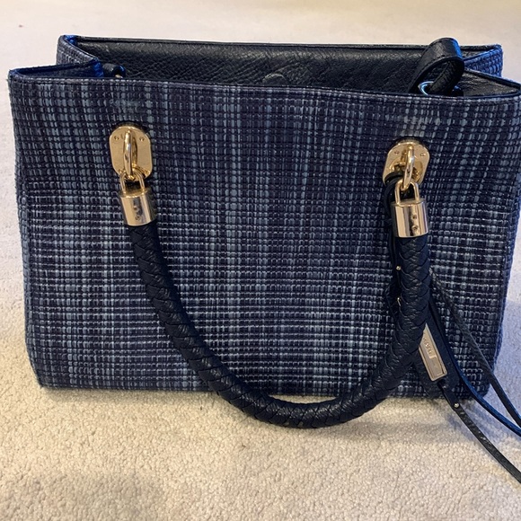 Cole Haan blue woven top handle bag. Leather  hold hardware - Picture 1 of 10
